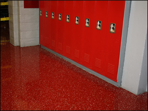Tile Red Base - Custom Chip Blend, Heavy Broadcast, 2 coats of HPU Clear Topcoat