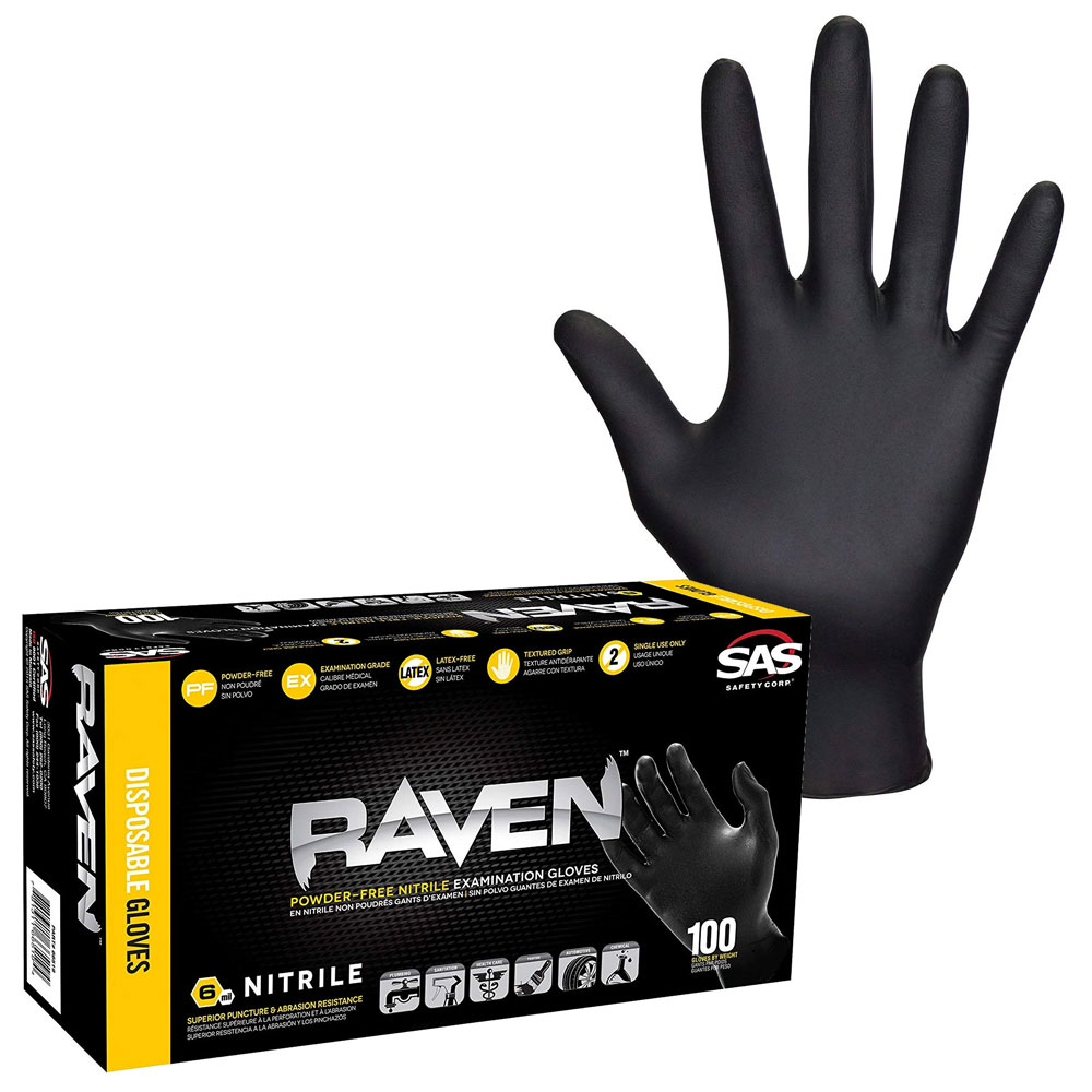 SAS 66517 Medium Raven Nitrile Gloves | Pack of 100 | Black Disposable Gloves